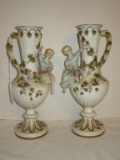 Pair Semi Porcelain Handled Vases