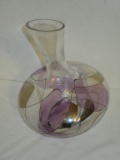 Romanian Still Glass Contemporary Carafe w/ Amethyst & Gold Design - 9.5