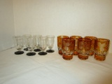 Clear Glass Cordials w/ Colored Stems & Marigold Etched Glasses