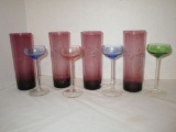 4 Amethyst Glasses & 4 Multi Colored Stems