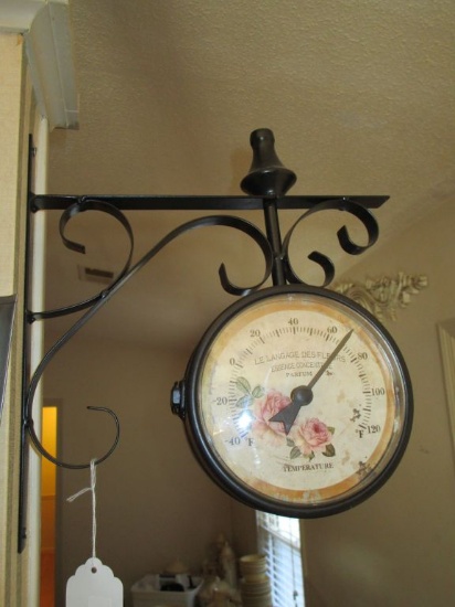 Wall Hanging Indoor Thermometer, Battery Operated Clock on Metal Bracket