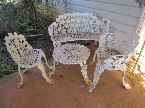 Cast Iron Outdoor Settee. 2 Chairs & Table