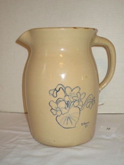 Storie Pottery Pitcher w/ Blue Floral Design - Artist Signed "Booth"