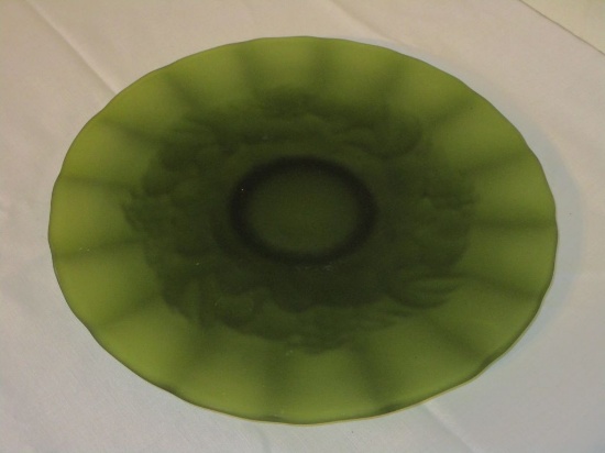 Vintage Olivine Satin Glass Cake Plate