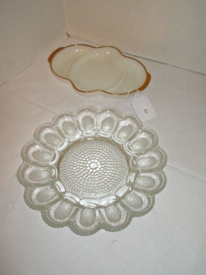 Lot - Pressed Glass Deviled Egg Plate & Fire King Divided Dish