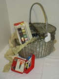 Vintage Woven Metal Sewing Basket & Contents