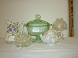 Lot - Candy Dish, Creamer, Teapot, Fairy Lamp & Crystal Candle Holder