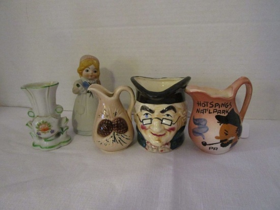 Lot - Assorted Ceramics - Toby Style Mug, Mini Vase & Pitchers, Ceramic Bell