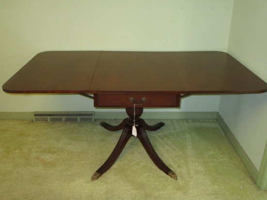 Mahogany Pedestal Drop Leaf Table w/ 2 Drawers