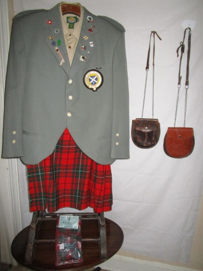 MacAulay Kilt, Jacket w/ Emblems, Pins & Bone Buttons. 2 Leather Sporrans