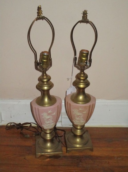 Pair - Brass Lamps w/ Pink Semi Porcelain Cameo Fonts