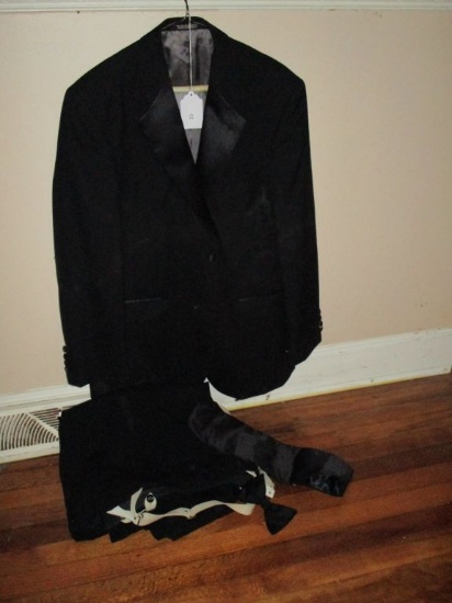 Black Tuxedo w/ Cummerbund & Clip On Bowtie - Stafford Formal Wear Jacket (No Size)