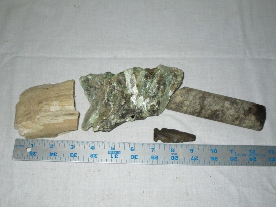 Lot Petrified Wood Pieces, Rock w/Green Crystals (Possibly Agate) & 5" Cypindrie Stone Pc.