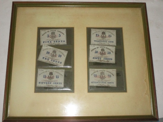 6 Framed 1863 Paper Cents "The Bank of The State of SC"