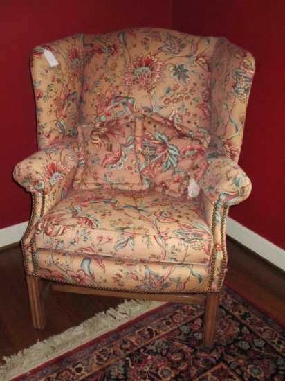 Beautiful Chippendale Style Wing Back Chair - Upholstery in Great Condition w/ Brad Trim