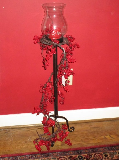 Metal Candlestick w/ Glass Chimney - Trimmed Out In Berry Garland