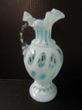 Vintage Fenton Blue Opalescent Coin Dot Ewer w/ Applied Clear Handle