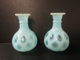 Pair - Vintage Fenton Blue Opalescent Coin Dot Bud Vase