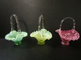 Trio of Fenton Opalescent Hobnail Baskets w/ Clear Handles