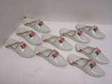 9 Porcelain Dresden Individual Ashtrays Ladies Slippers w/ Applied Rose