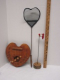 Lot - Wood Door Harp, Wood Handled Fly Swat, Woodpecker Folk Art Toy