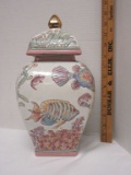 Semi Porcelain Jar w/ Lid w/ Tropical Design