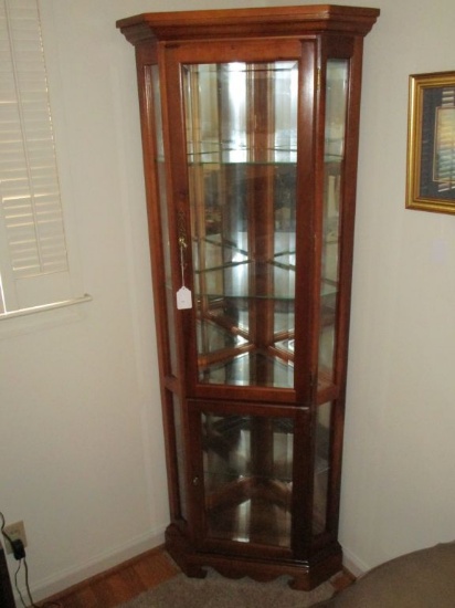Pine Corner Curio Cabinet  2 Door Illuminated, Mirrored Back, Bracket Feet