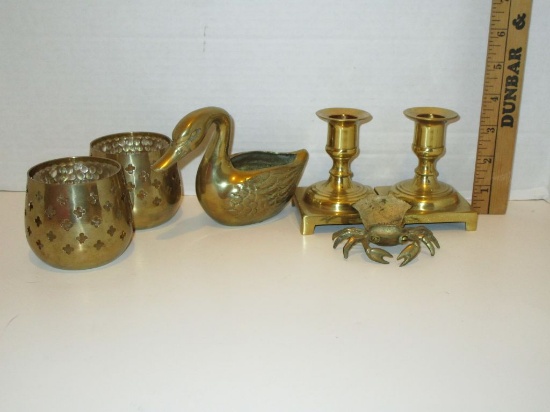 Lot - Misc. Brass - Swan, Candle Sticks, etc.