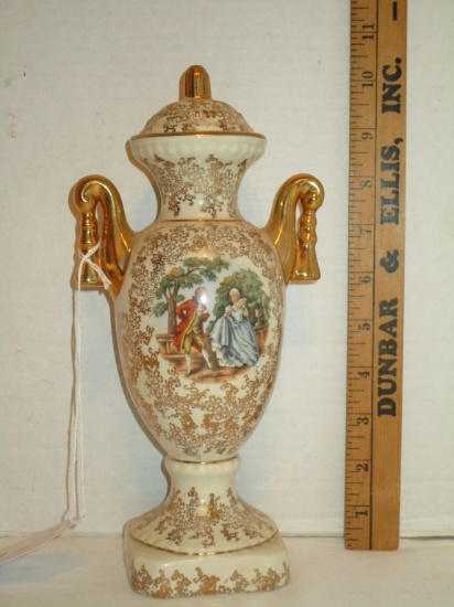 Semi Porcelain Double Handled Urn w/ Portrait of Victorian Couple & Gold Accent