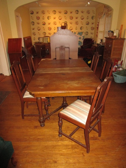 Mahogany Double Pedestal Dining Table w/ 1 Leaf & 6 Chairs - (1) Host & (5) Sides