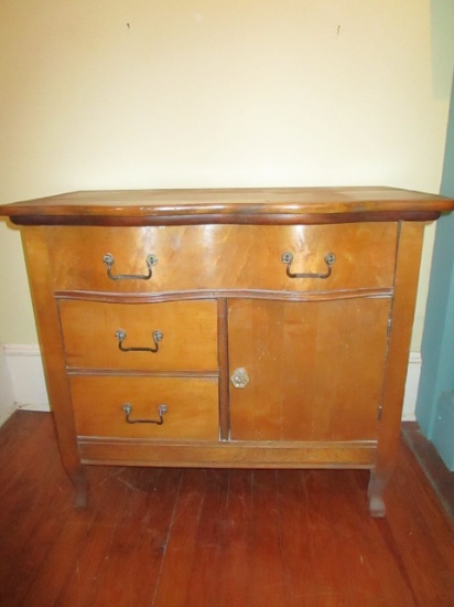 Poplar Washstand - Vintage - 1 Long Drawer over 2 Side Drawers & Cabinet