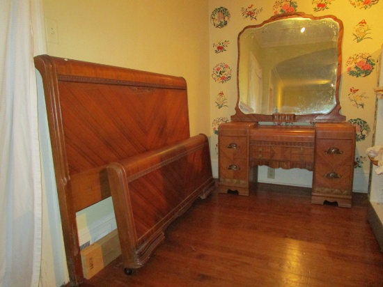 Beautiful Depression Era Waterfall Bedroom Suite - Mixed Woods w/ Inlay & Carving
