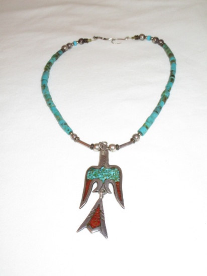Turquoise Native American Design Necklace Marked CJ (Possibly Joe Corbet)