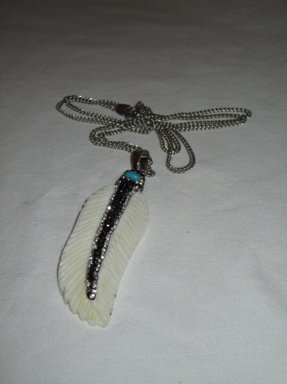 Mother of Pearl Feather Design 3" Pendant Accented w/ Clear & Black Crystals