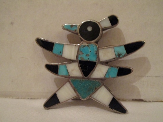 Native American Design Brooch w/ Turquoise, Mother of Pearl & Onyx Accent