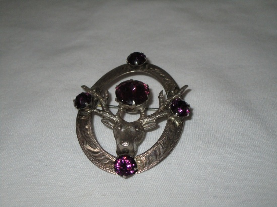 1960's Silver WBS Scottish Stag Head Brooch w/ Amethyst Glass Accents