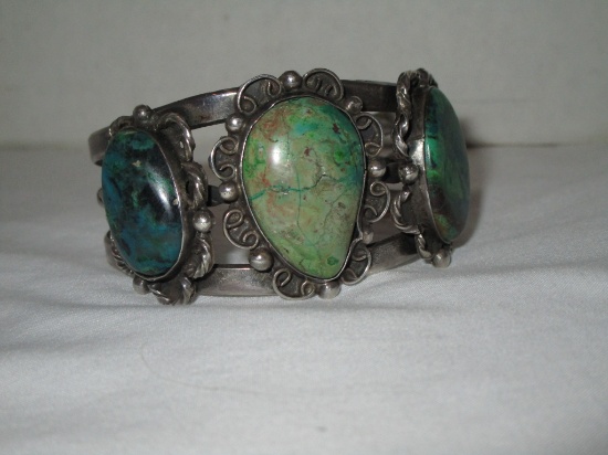 925 Native American Design Cuff w/ 3 Large Turquoise Accents