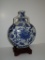 Blue & White Asian Style Double Handled Vase on Teak Stand  - Stand needs to be glued