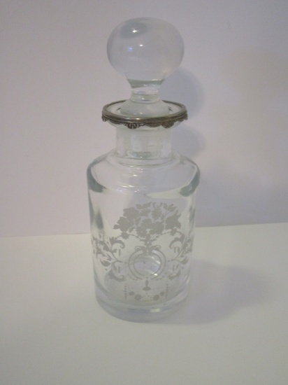 Etched Glass Decanter w/Stopper & Silverplate Deco Around Rim   8 1/2"