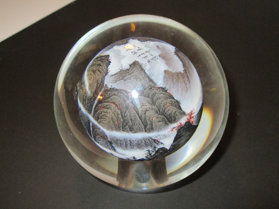Exquisite Paperweight w/Asian Reverse Painting