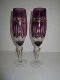 Pair Amethyst Cut to Clear Bohemian Glass Champagne Flutes   9