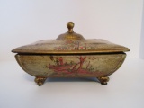 Ceramic Covered Dresser Box w/Asian Motif  6 1/2