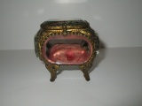 Sweet Victorian Brass Footed Jewelry Casket w/ Satin Lining - Hinged Top w/Print of