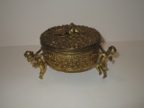 Brass Powder Box w/Glass Insert - Adorable Putti Footed Decoration w/Floral Finial