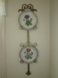 2 Floral Plates on Brass Wall Hanger    Plates - 10 1/2