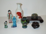 Lot - Misc. Asian Pieces  Occupied Figurine, Mud Mad, 2 Cloisonné Pieces, Vase