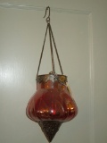 Cranberry Hanging Candleholder w/Tin Adornment