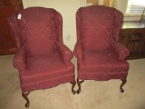 Par Winged Back Chairs w/Burgundy Brocade Upholstery - Fabric split in few