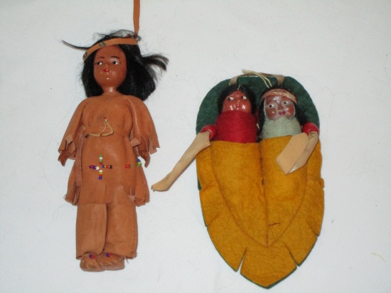 Lot - Early Native American Dolls 1) 7" Celluloid Dressed in Traditional Clothes w/ Beaded Accent.