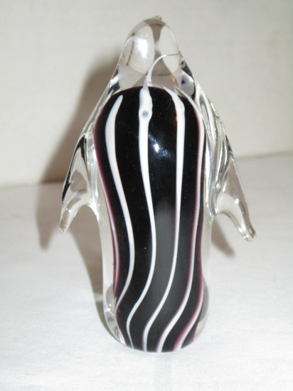 White & Amethyst Art Glass Penguin Paper Weight by Gorgeous Designs - 4"